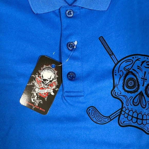 Tattoo Golf Shirt Mens‎ XL Blue Performance Stretch Casual Graphic Skull Logo - Picture 5 of 10
